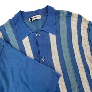 Bachrach Mens L Knit Button Up Shirt Blue Striped Short Sleeve Vintage Style